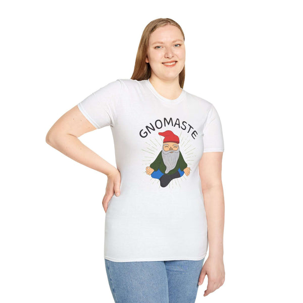 Woman wearing a Gnomaste T Shirt featuring a meditating gnome illustration and hand-lettered text.