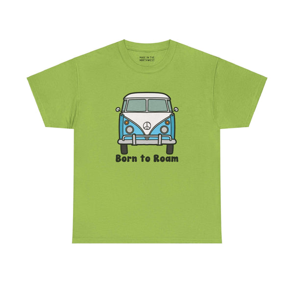 Green athletic tee featuring a classic vanagon bus with peace sign and "Born to Roam" text for wanderers.