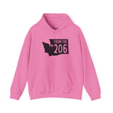 Pink From the 206 hoodie featuring Washington state outline and star marking Seattle, perfect for PNW locals.