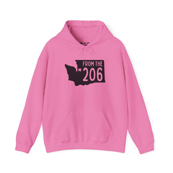 Pink From the 206 hoodie featuring Washington state outline and star marking Seattle, perfect for PNW locals.