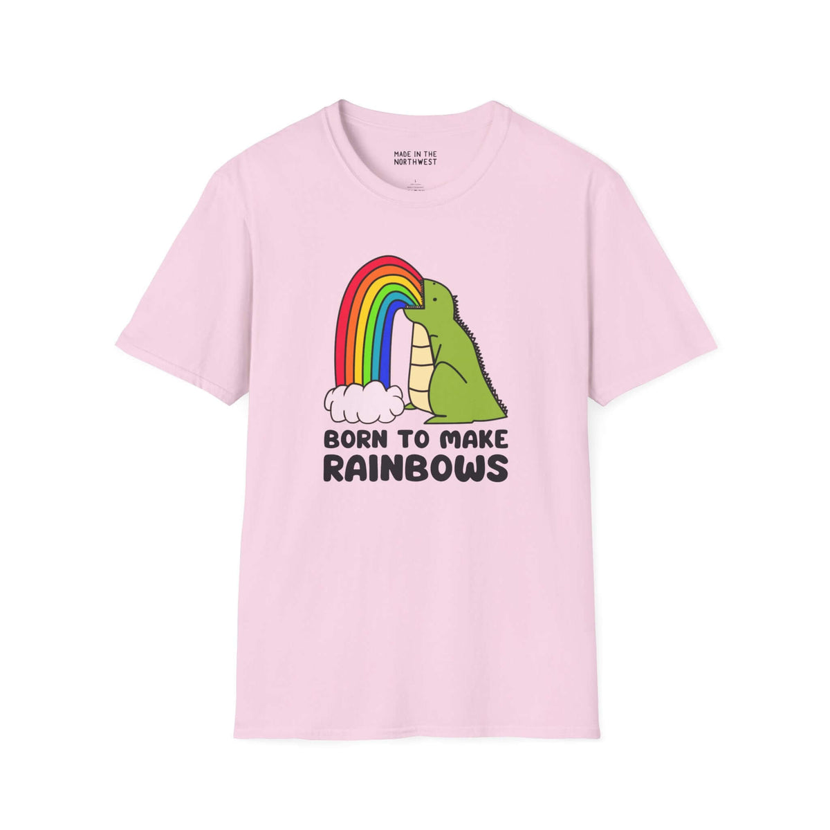 Born to Make Rainbows dinosaur softstyle t-shirt in pink, featuring a dinosaur with a rainbow.