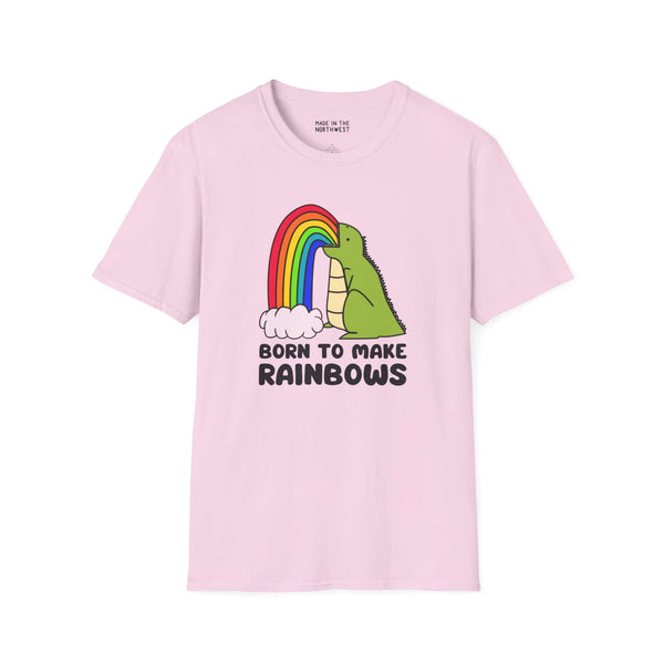 Born to Make Rainbows dinosaur softstyle t-shirt in pink, featuring a dinosaur with a rainbow.