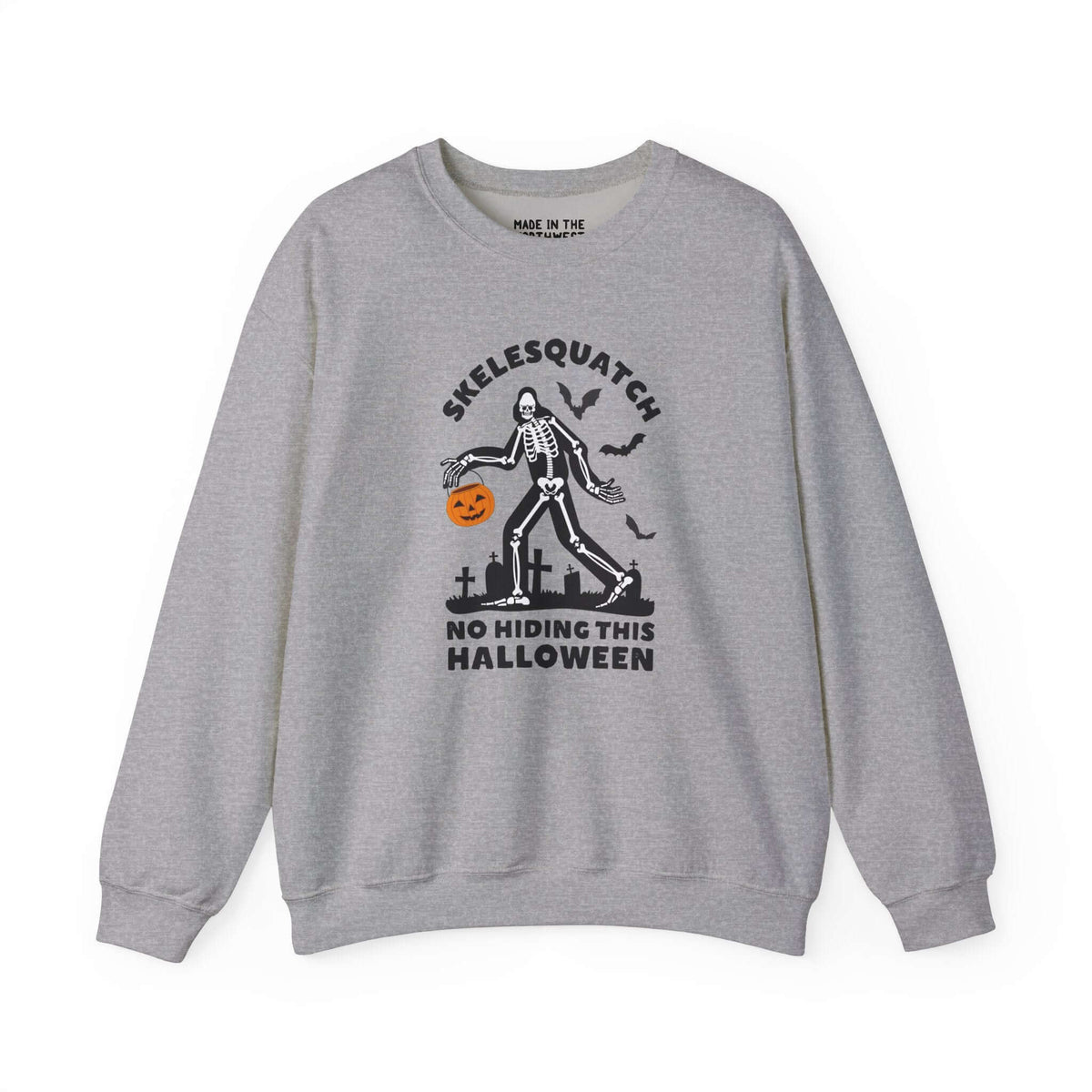 Gray sweatshirt with Skelesquatch skeleton design for Halloween, featuring a trick-or-treat bucket and spooky vibes.