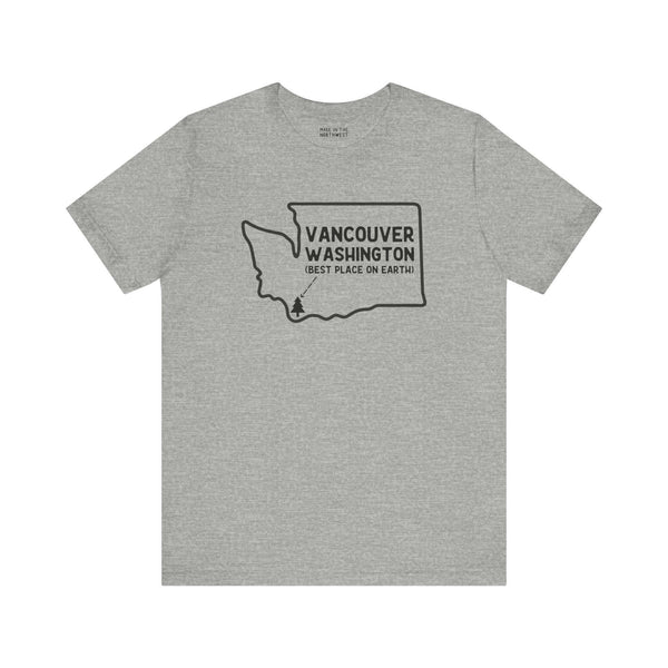 Gray tee with Vancouver Washington design, featuring state outline and tree icon, celebrating Pacific Northwest pride.