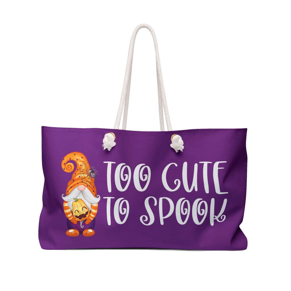 Too Cute to Spook Halloween Gnome Weekender Bag with playful phrase and colorful gnome design.