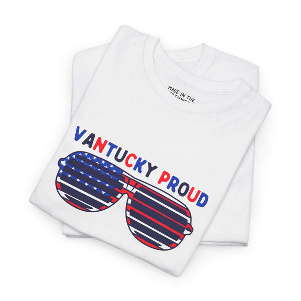 White athletic tee featuring 'Vantucky Proud' text and sunglasses with red, white, and blue design.
