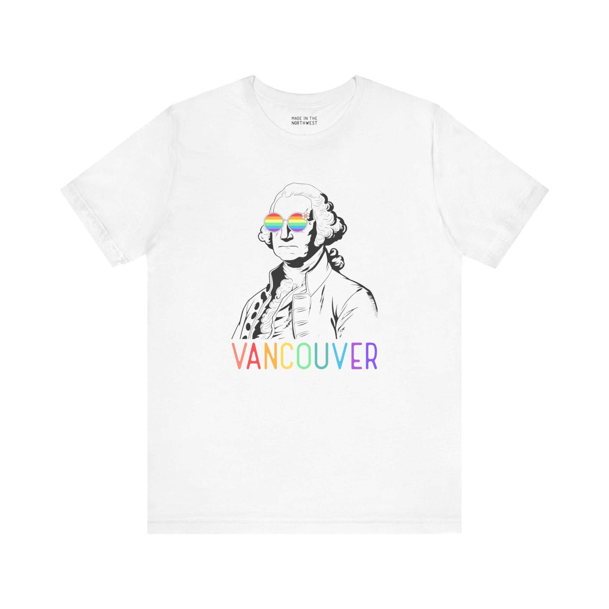 White tee with George Washington line art wearing rainbow glasses and "Vancouver" in rainbow letters, celebrating Pride and inclusivity.