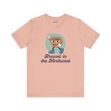 Brewed in the Northwest coffee tee featuring a cheerful coffee cup design on a soft pink shirt.