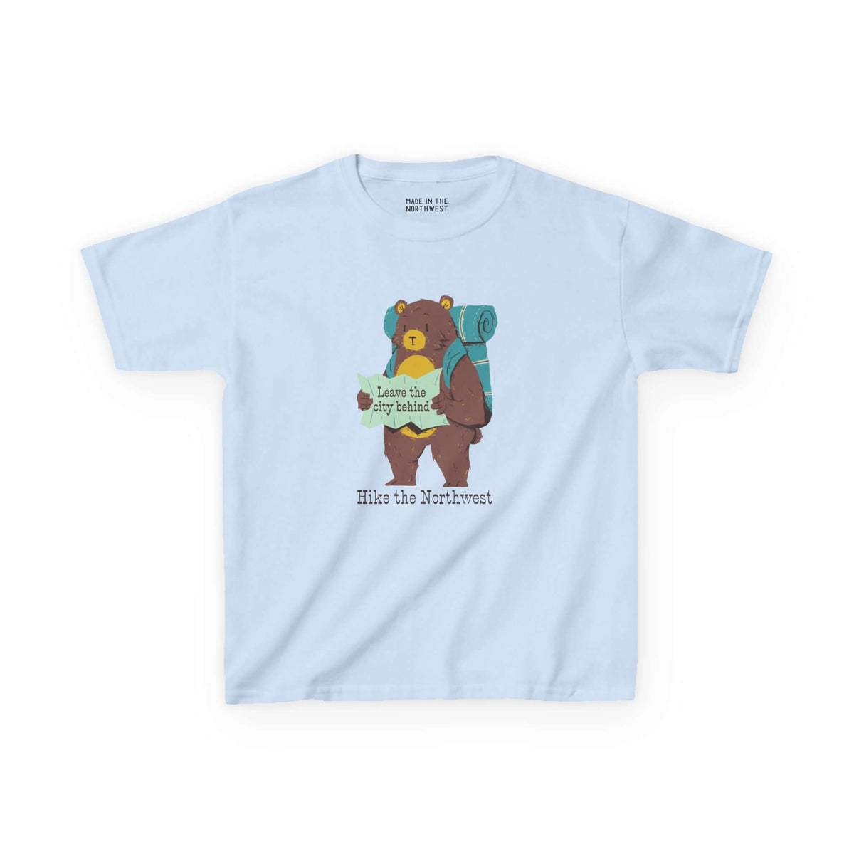 Kids' light blue tee featuring a bear with a backpack and map, perfect for young adventurers exploring the Northwest.