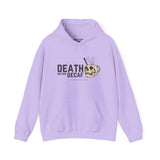 Purple hoodie with 'Death Before Decaf' text and skull coffee mug graphic for coffee lovers.