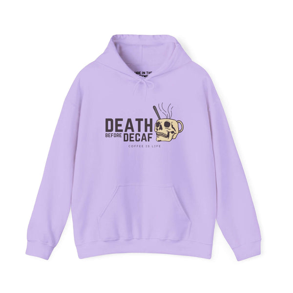 Purple hoodie with 'Death Before Decaf' text and skull coffee mug graphic for coffee lovers.
