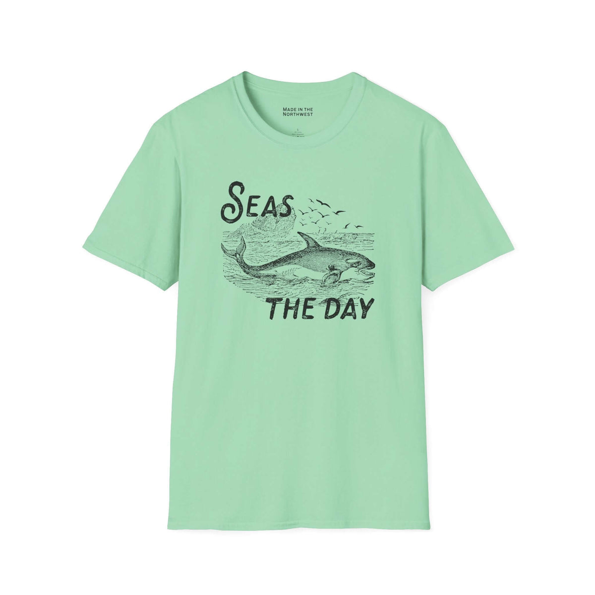 Seas the Day T Shirt featuring an orca illustration, perfect for ocean lovers and coastal charm.