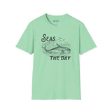 Seas the Day T Shirt featuring an orca illustration, perfect for ocean lovers and coastal charm.