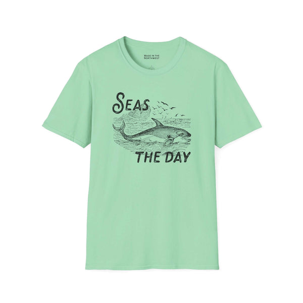 Seas the Day T Shirt featuring an orca illustration, perfect for ocean lovers and coastal charm.