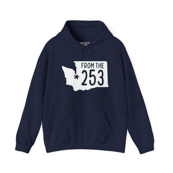 "From the 253" hoodie with Washington state silhouette and Tacoma star, representing local pride and area code.