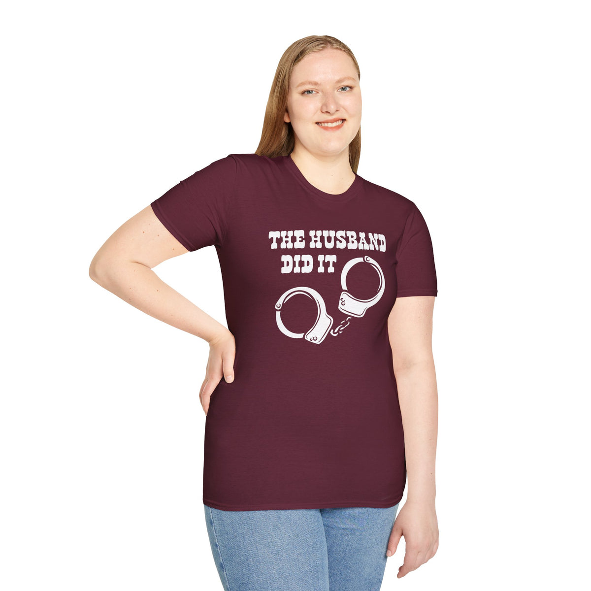 Model wearing The Husband Did It t shirt with handcuff graphic, perfect for true crime enthusiasts.