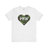 Camouflage PNW Heart Soft Tee with camo heart design, featuring 