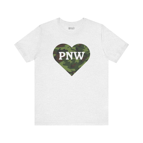 Camouflage PNW Heart Soft Tee with camo heart design, featuring "PNW" text, perfect for Pacific Northwest pride.