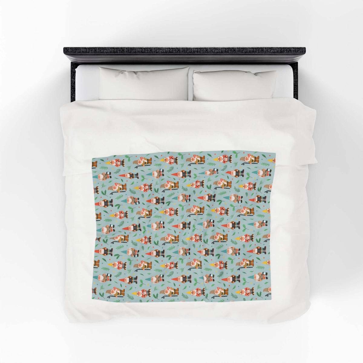 Garden Gnome Gathering Lightweight Cozy Blanket featuring cheerful gnomes and mushrooms on a soft velveteen throw