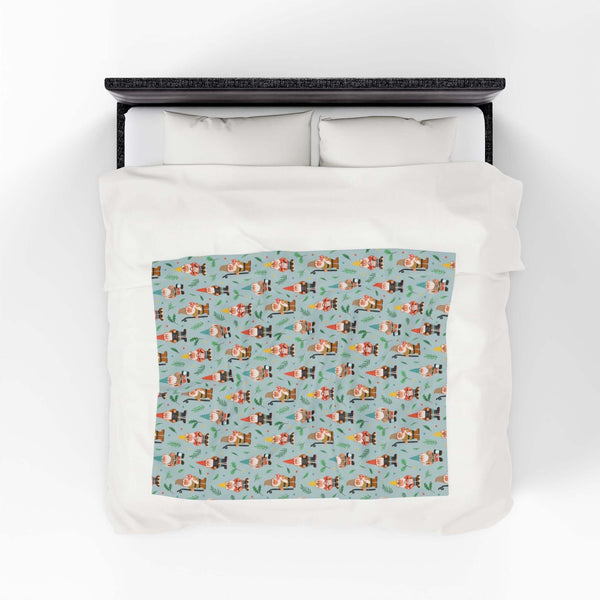 Garden Gnome Gathering Lightweight Cozy Blanket featuring cheerful gnomes and mushrooms on a soft velveteen throw