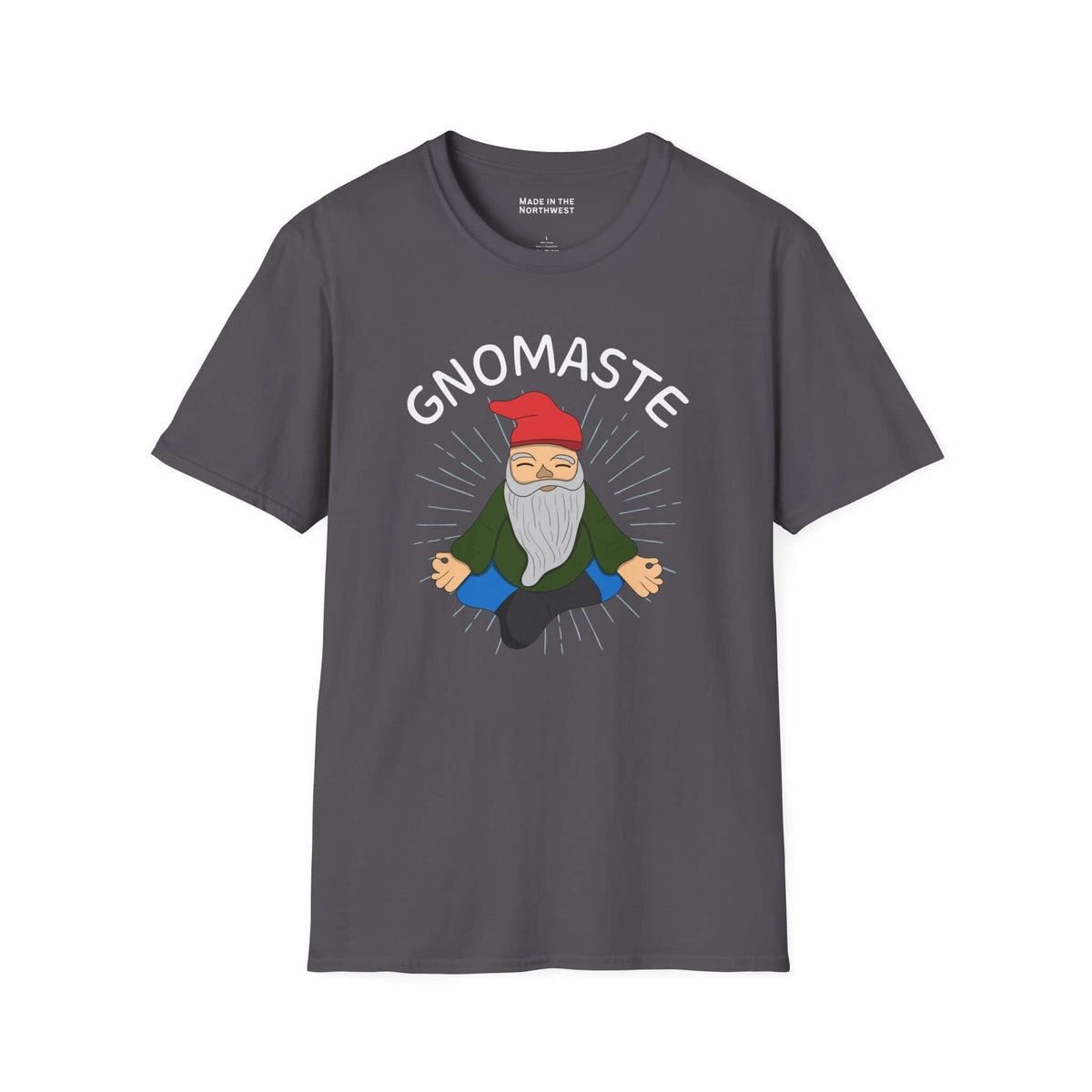 Gnomaste T Shirt featuring a meditating gnome illustration with the text 'GNOMASTE' in a playful design.