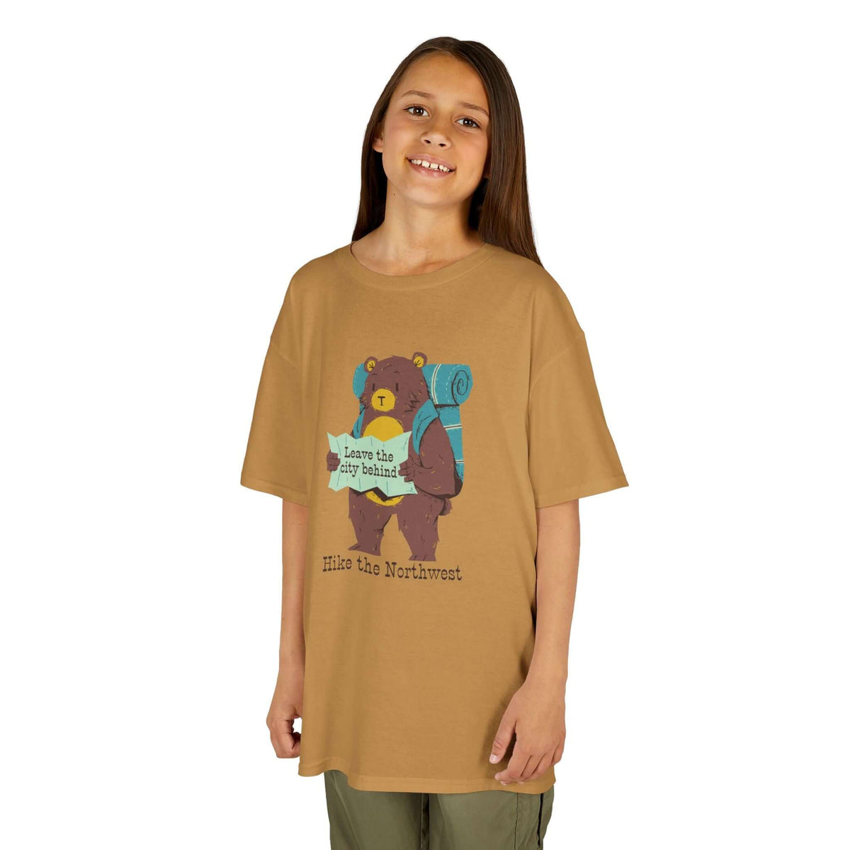 Kid wearing Bear's Big Northwest Adventure Heavy Cotton Tee with bear graphic, perfect for outdoor exploration.