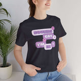 Woman wearing Sounds Gay I'm In! tee, showcasing vibrant design for Pride and inclusivity.