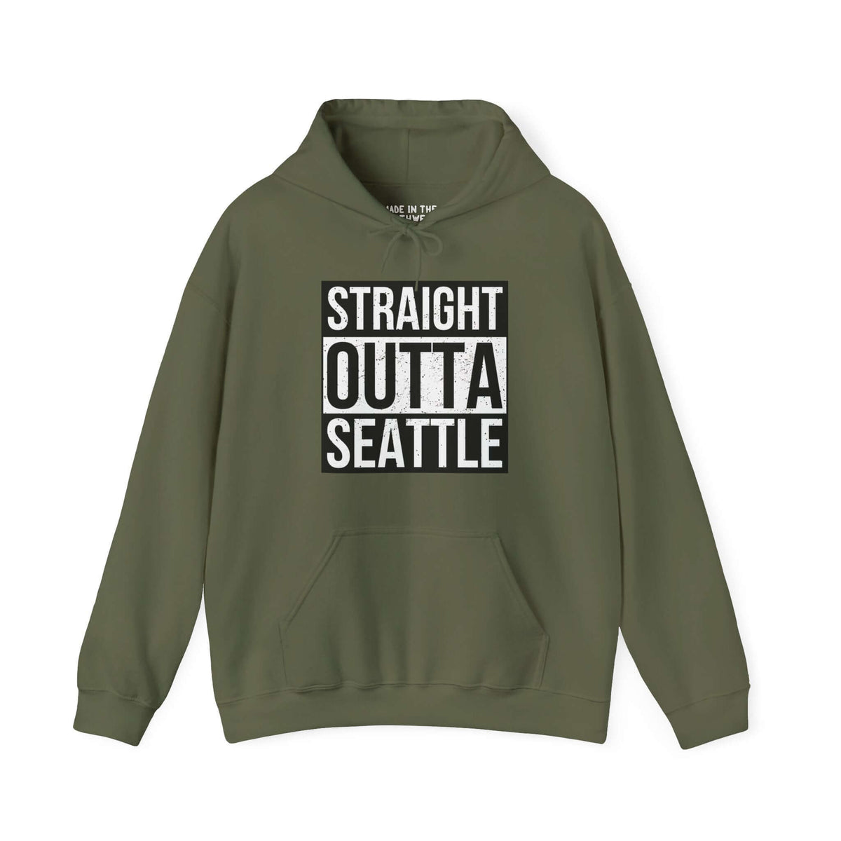 Olive green "Straight Outta Seattle" hoodie showcasing local pride with bold streetwear style. Perfect for Seattle enthusiasts.