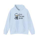 Keep Tacoma Beard hoodie featuring a vintage bearded man in sunglasses on a light blue sweatshirt.