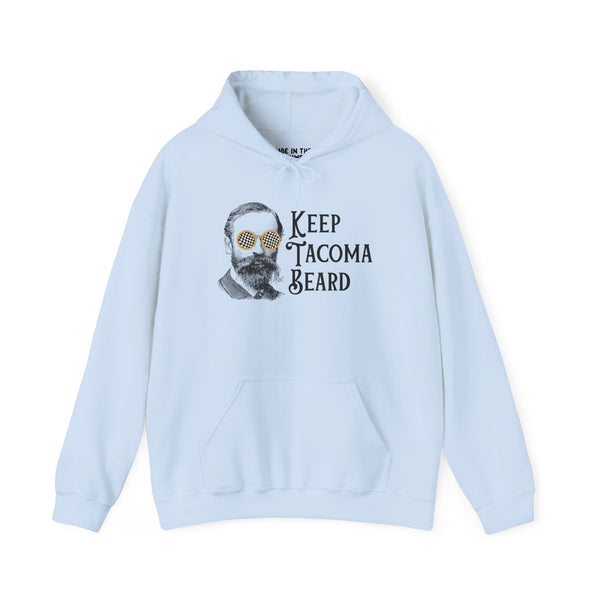 Keep Tacoma Beard hoodie featuring a vintage bearded man in sunglasses on a light blue sweatshirt.