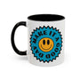 Make It a Good Day Mug featuring a glossy black handle and cheerful design with teal starburst and smiley face.