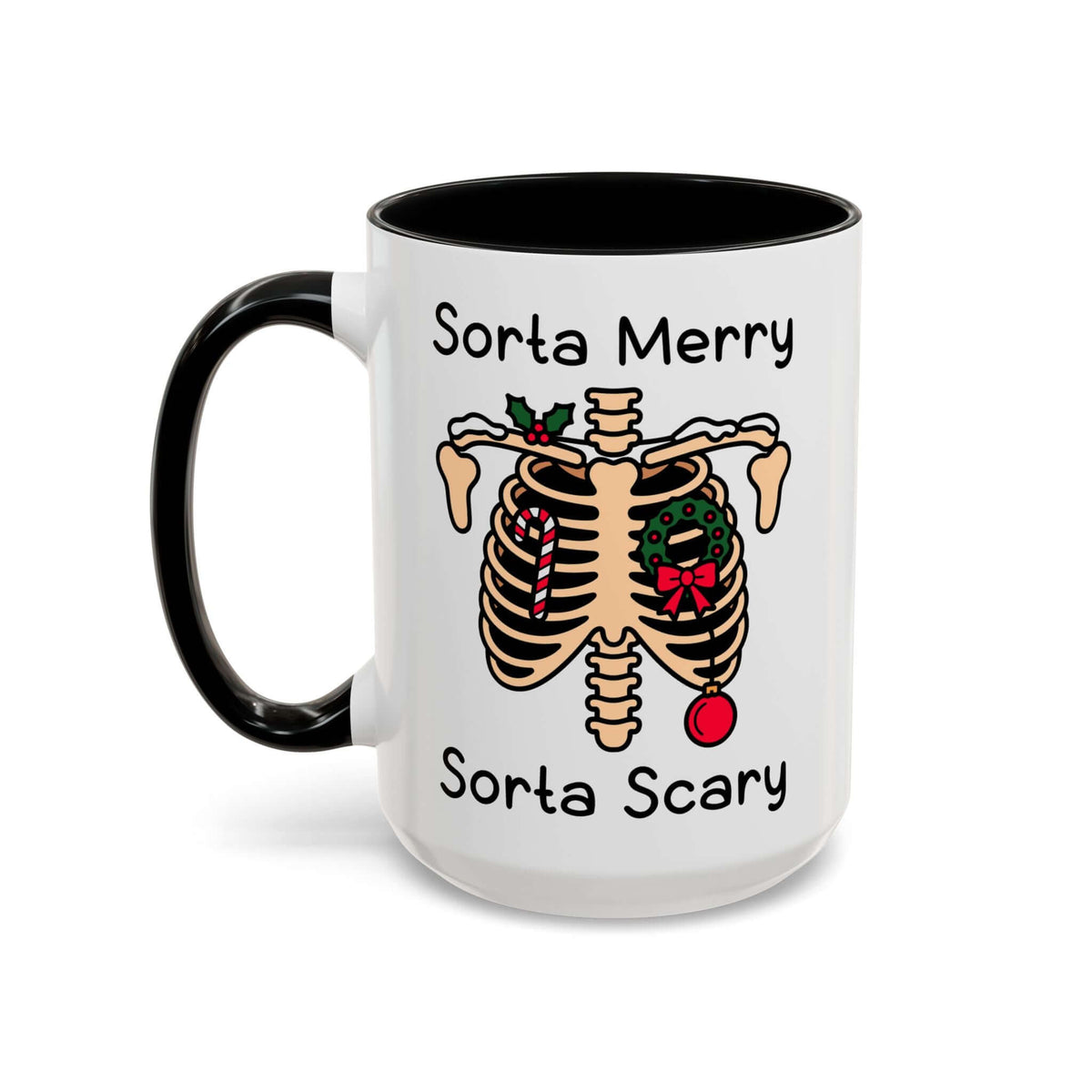 Sorta Merry Sorta Scary Mug featuring a festive ribcage illustration with holiday decorations.