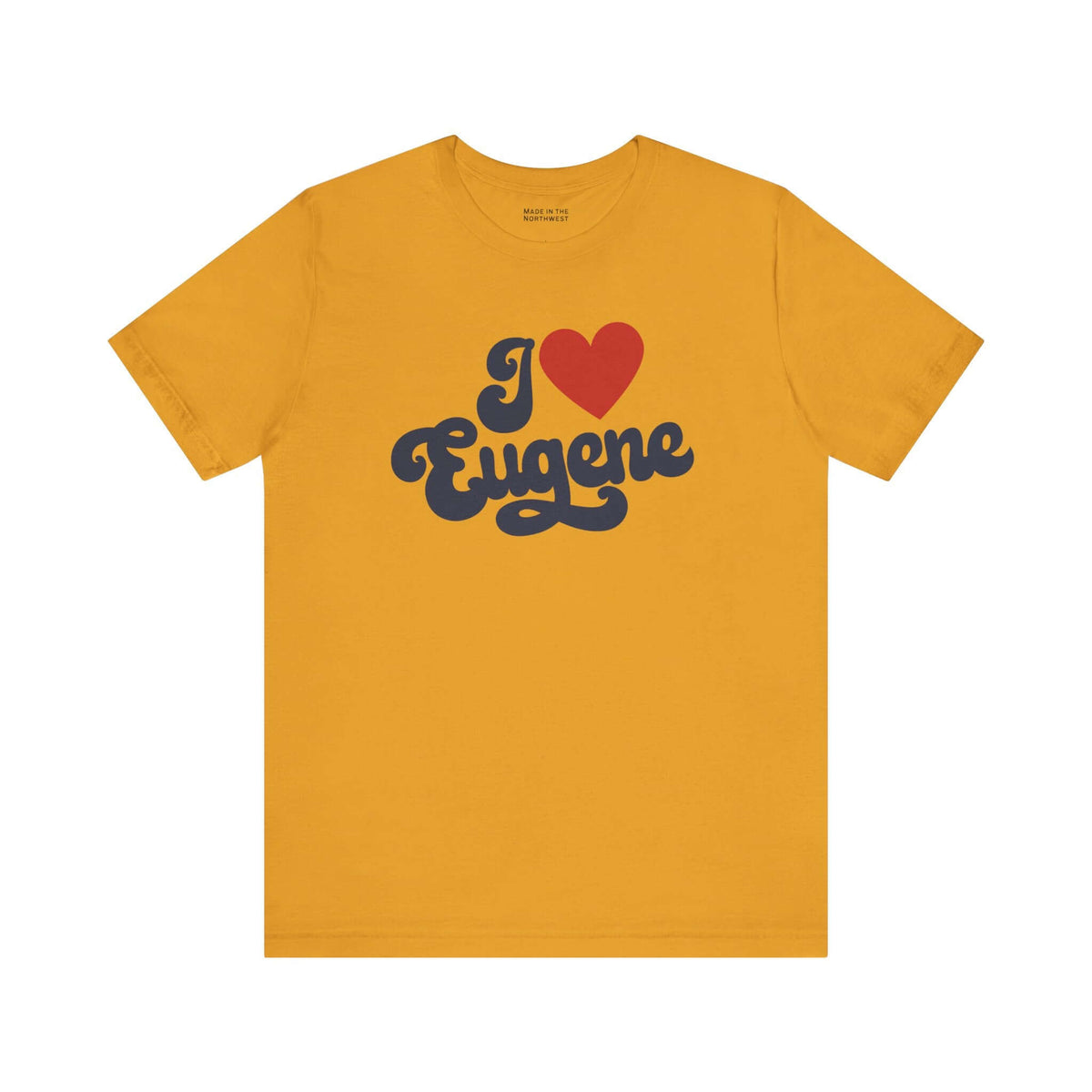 I Love Eugene T Shirt in yellow featuring cursive design expressing Oregon hometown pride.