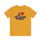 I Love Eugene T Shirt in yellow featuring cursive design expressing Oregon hometown pride.