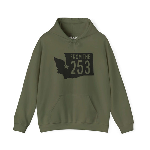 Green "From the 253" hoodie featuring Washington state silhouette and star marking Tacoma, showcasing local pride and area code.