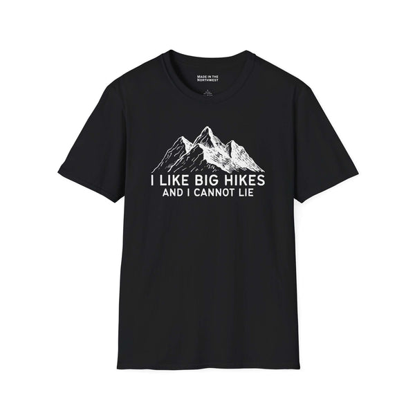 I Like Big Hikes and I Cannot Lie T shirt featuring mountain design, perfect for hiking and outdoor enthusiasts.