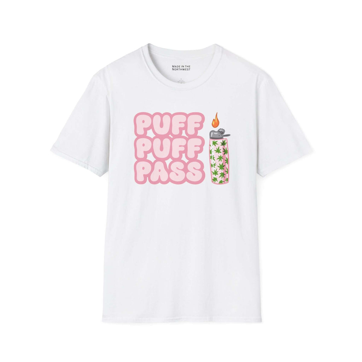 Puff Puff Pass T Shirt with retro graphic design and patterned lighter illustration on a white tee.