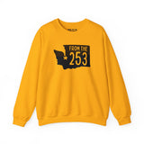 From the 253 sweatshirt in yellow featuring Washington state silhouette and star marking Tacoma, perfect for local pride.