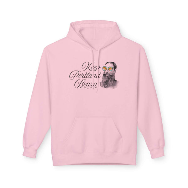 Keep Portland Beard Hoodie featuring a vintage bearded man in funky sunglasses on a pink sweatshirt.
