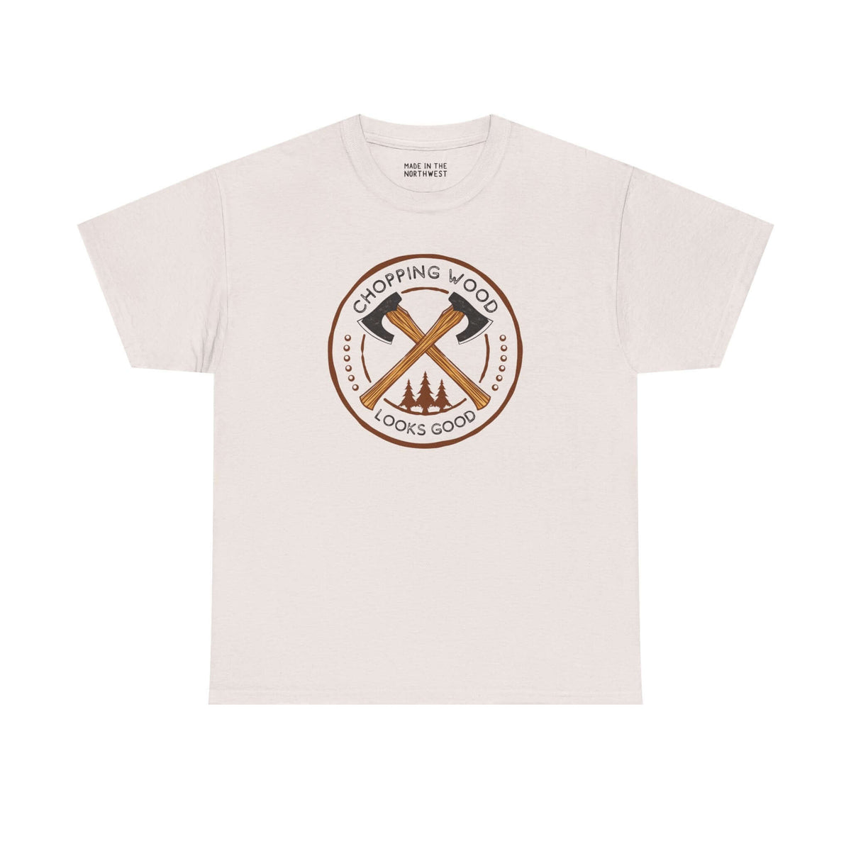 Chopping Wood Looks Good athletic tee with crossed axe graphic and rustic design, perfect for outdoor enthusiasts.