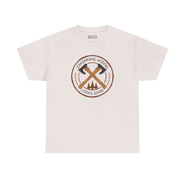 Chopping Wood Looks Good athletic tee with crossed axe graphic and rustic design, perfect for outdoor enthusiasts.