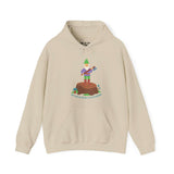 Beige hoodie featuring a playful gnome with an axe on a stump, inspired by the iconic movie line 'Say Hello to My Little Friend'.