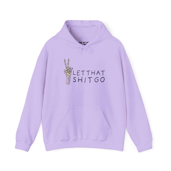 Let That Shit Go Skeleton Hoodie in lavender with peace sign design, perfect for staying chill and unbothered.