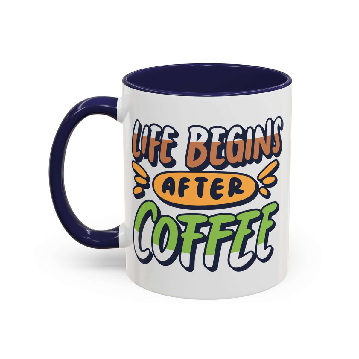 Life Begins After Coffee Mug featuring colorful lettering for coffee lovers.