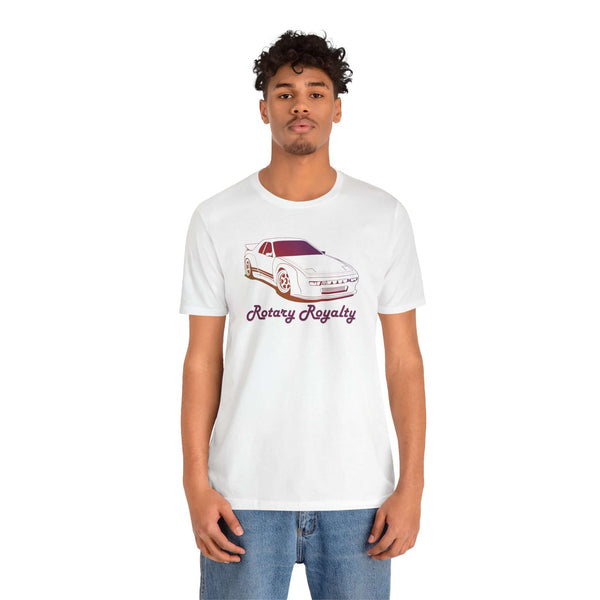 Model wearing Rotary Royalty JDM tee featuring iconic 1991 Mazda RX-7 design.