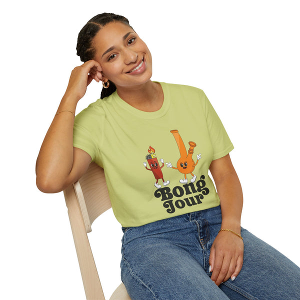 Smiling woman wearing a Bong Jour softstyle t-shirt with playful bong and lighter design.