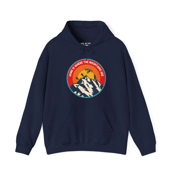 "Home is Where the Mountains Are Hoodie featuring PNW adventure design with hiking and Bigfoot, ideal for outdoor enthusiasts."