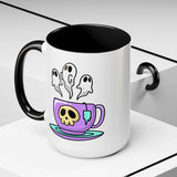 Let's Have a Spooky Tea Mug featuring a cheerful design with a skull and ghost steam.