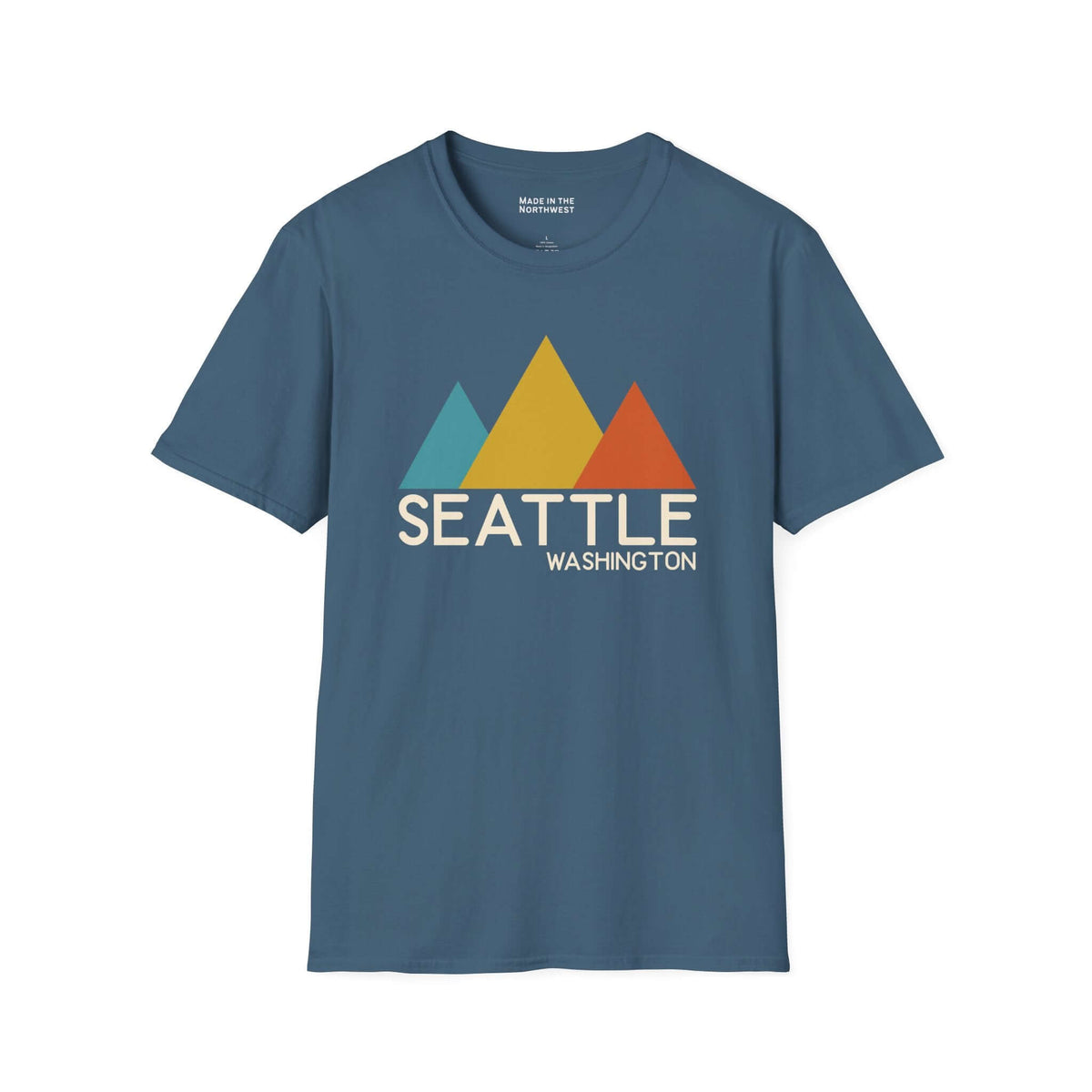 Modern Peaks Seattle T Shirt featuring a minimalist mountain design and bold colors, celebrating the beauty of Seattle.