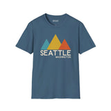 Modern Peaks Seattle T Shirt featuring a minimalist mountain design and bold colors, celebrating the beauty of Seattle.
